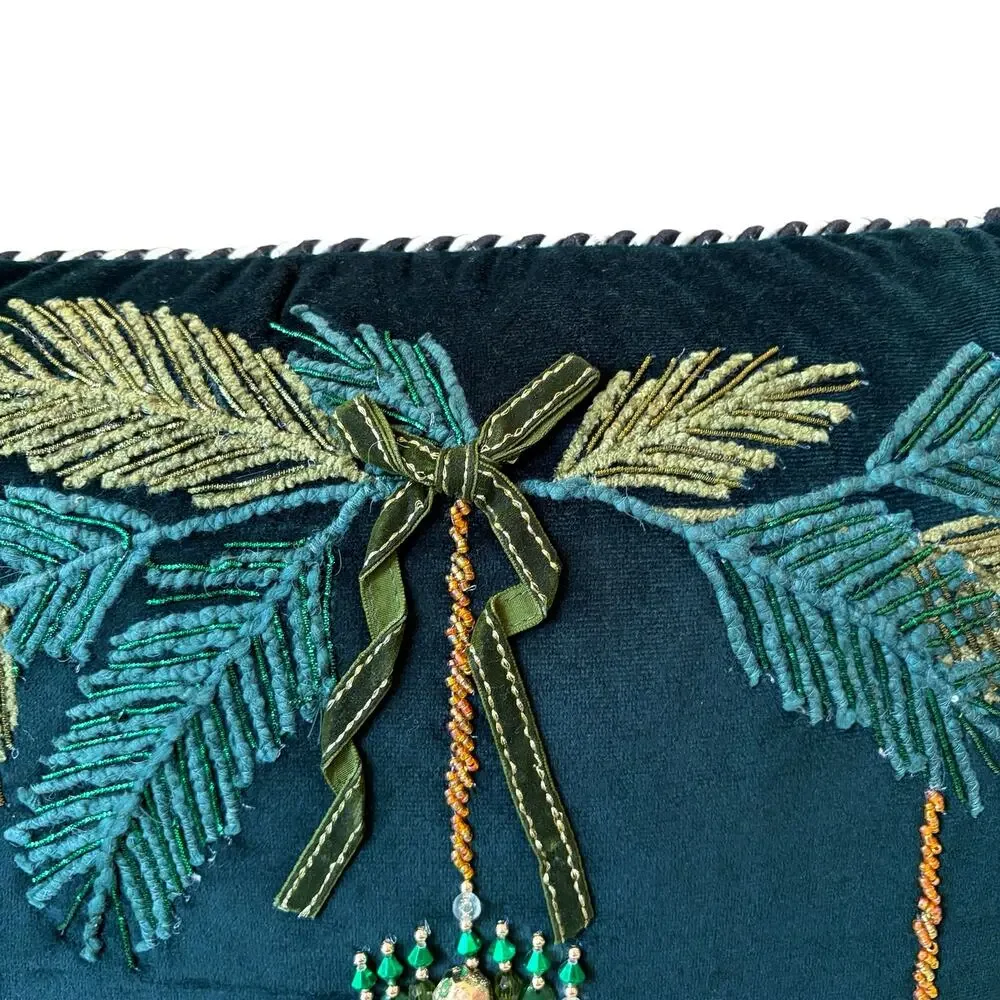 NEW MacKenzie-Childs Emerald Ornaments Beaded Throw Pillow 18x18